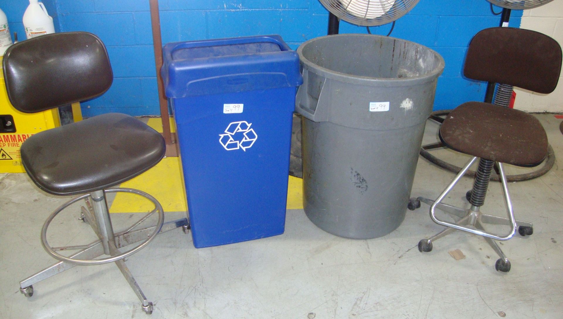 Lot of 2 Shop Stools and 2 Garbage Cans