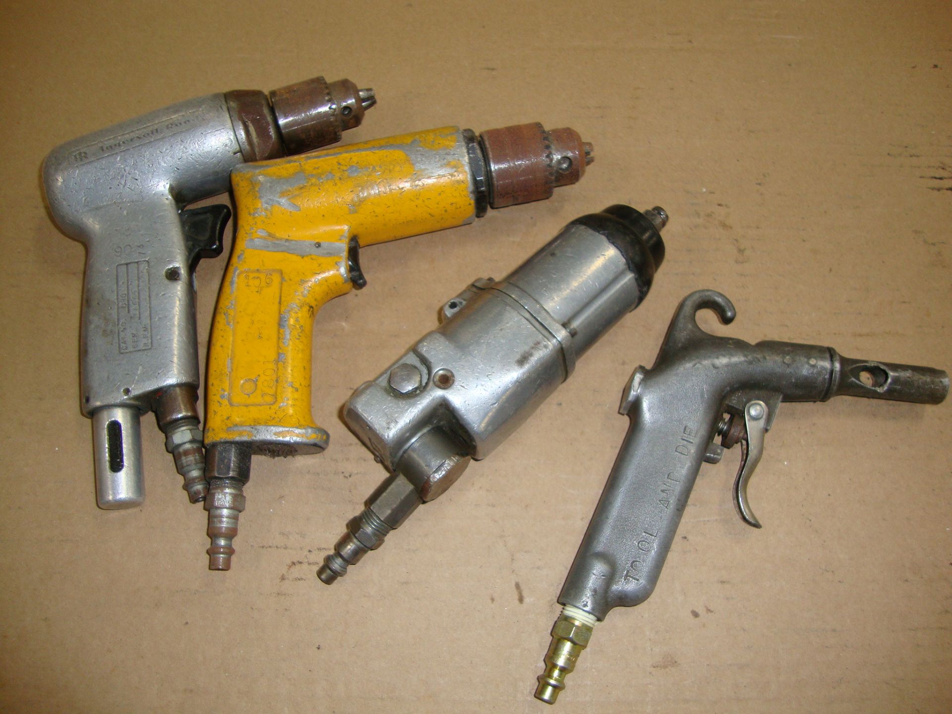 Lot of 4 Pneumatic Drills, Drivers, and Air Chuck