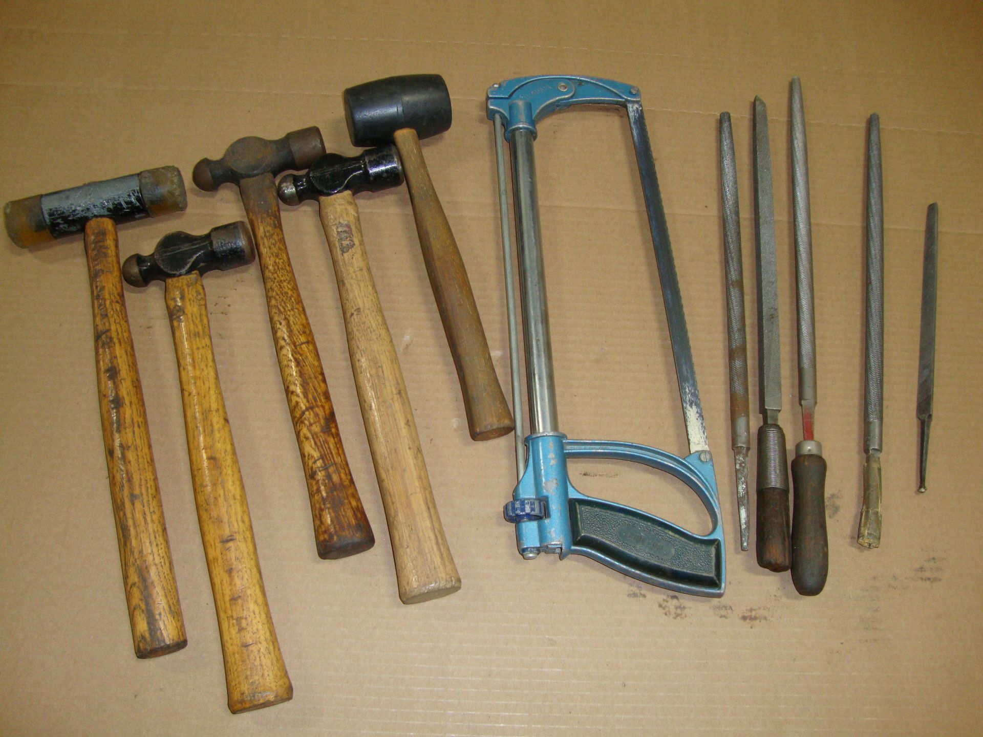 Lot of 5 Assorted Hammers, Hacksaw, and 5 Files