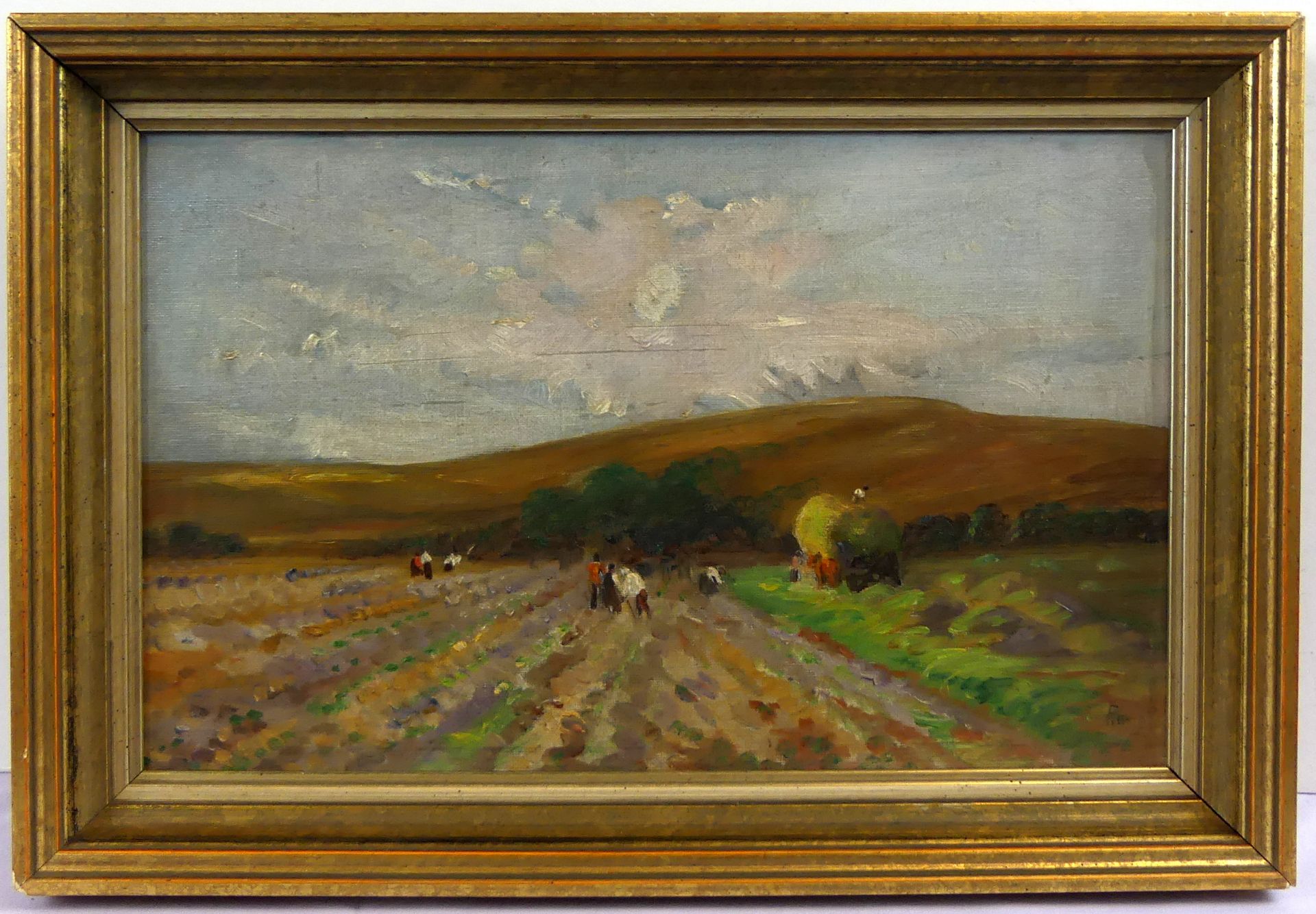 "Bauern bei der Heuernte" Öl/Platte, u.re.unles., ca. 36 x 23 cm