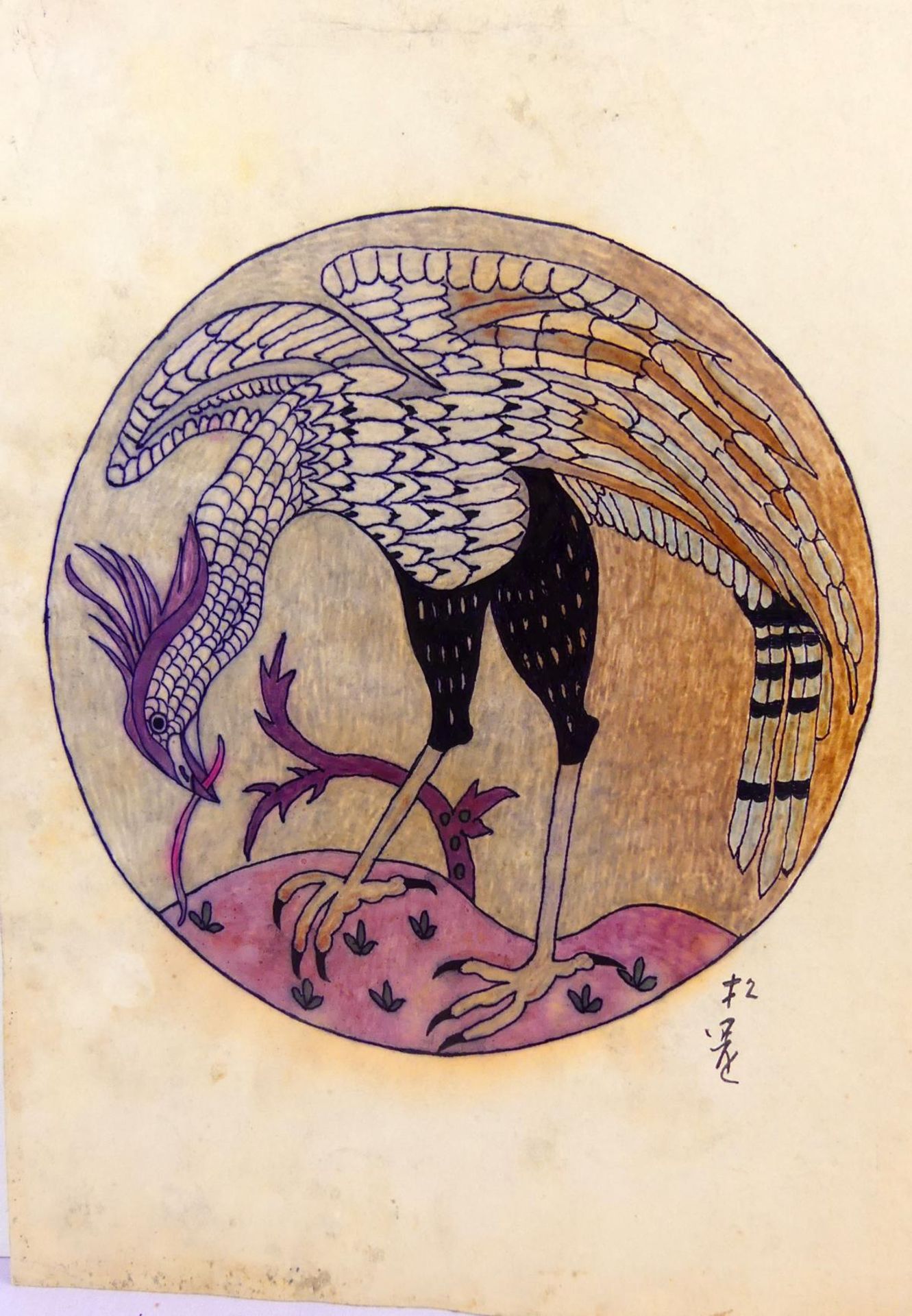Japanische Malerei, "Greifvogel mit Wurm", ca. 43 x 30 cm