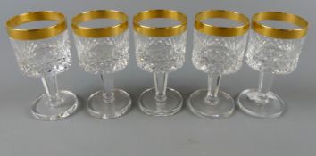 5 Likörgläser, Kristall, Goldrand, H. 9 cm