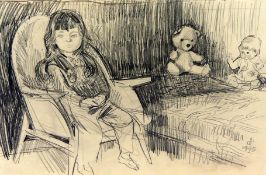 "Mädchen mit Puppe und Stoffbär", Bleistift Zeichnung