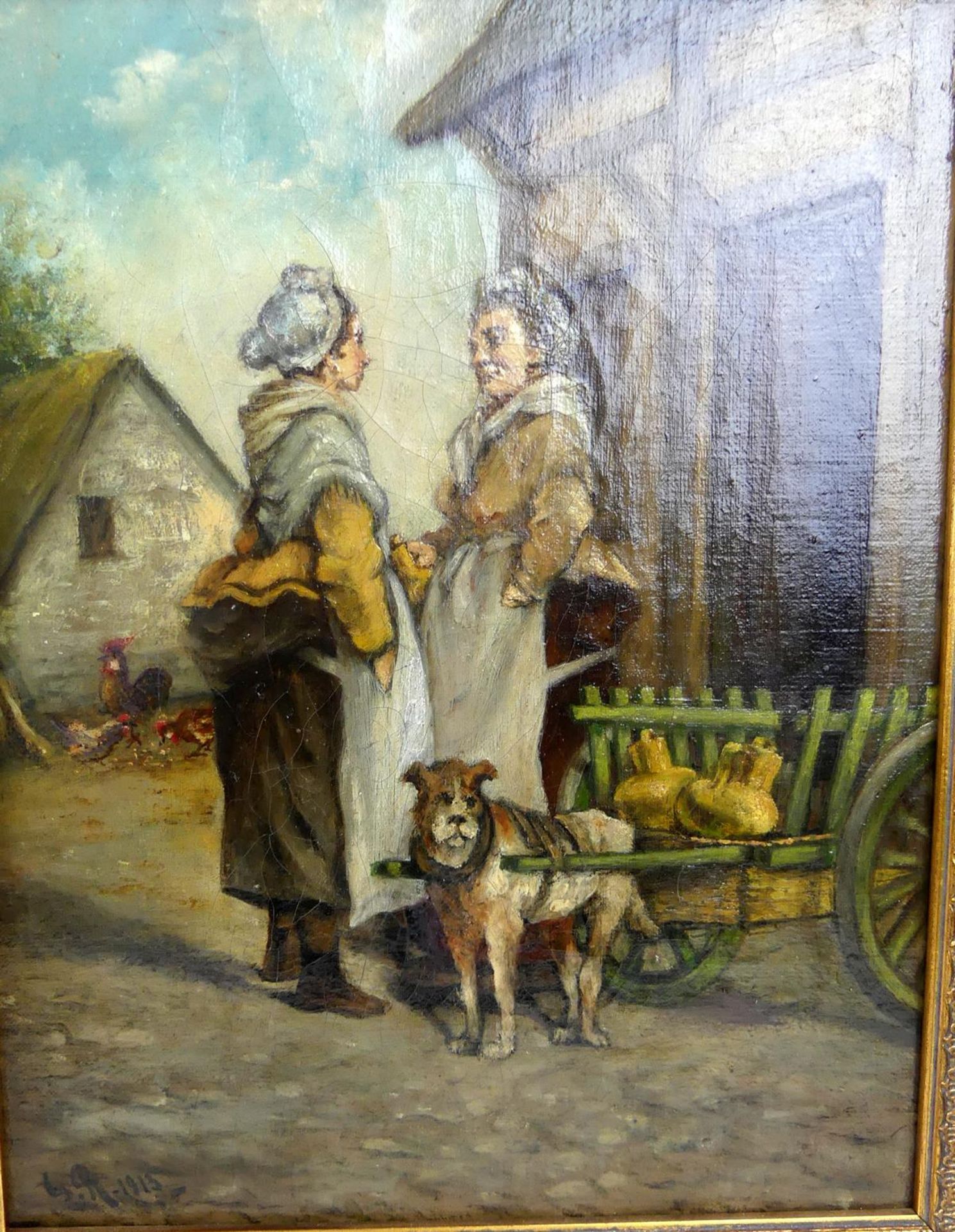 Paar Gemälde, "Paar Frauen", "Mann mit Karren", Öl/L, - Image 4 of 6