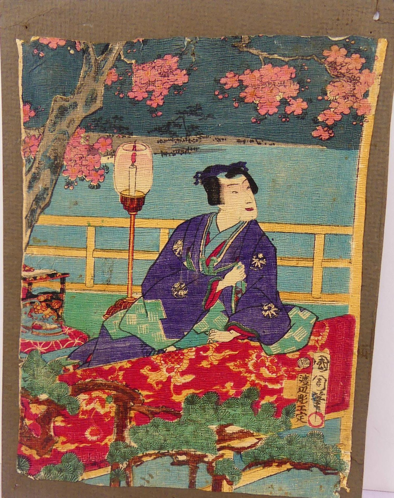 Ukiyo-e, japanischer Farbholzschnitt, "Frau auf Terrasse", u.re.sig.,