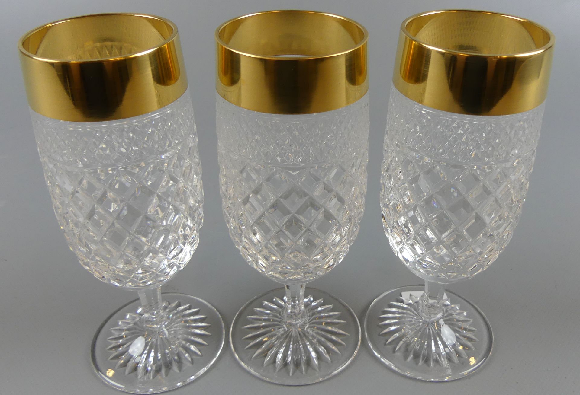 14 Biergläser, Kristall, Goldrand, H. 17 cm