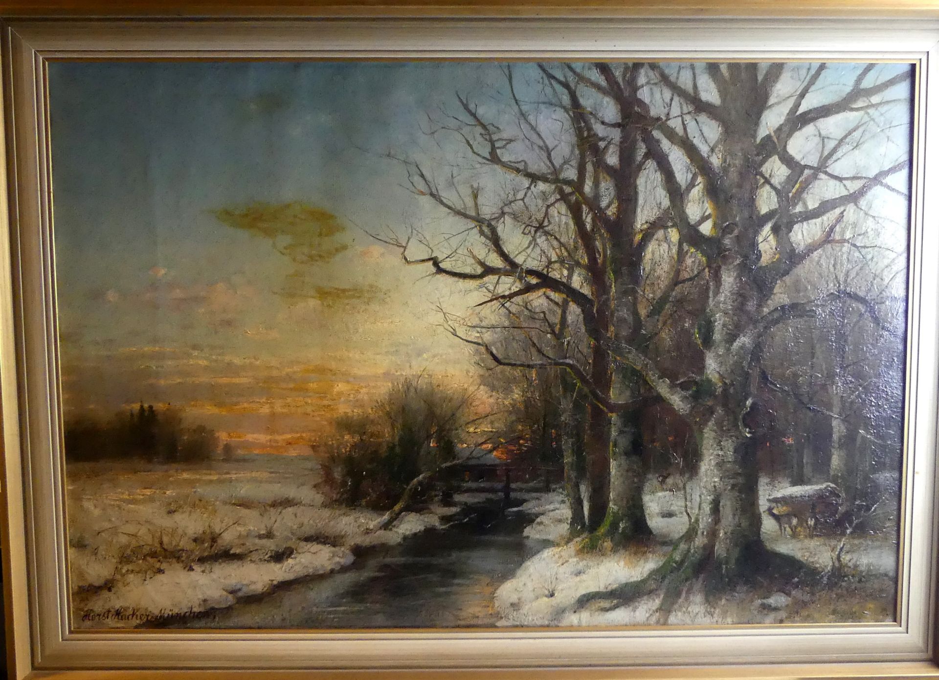 HORST HACKER, "Flusslandschaft im Winter", Öl/L., u.li.sig, bez.