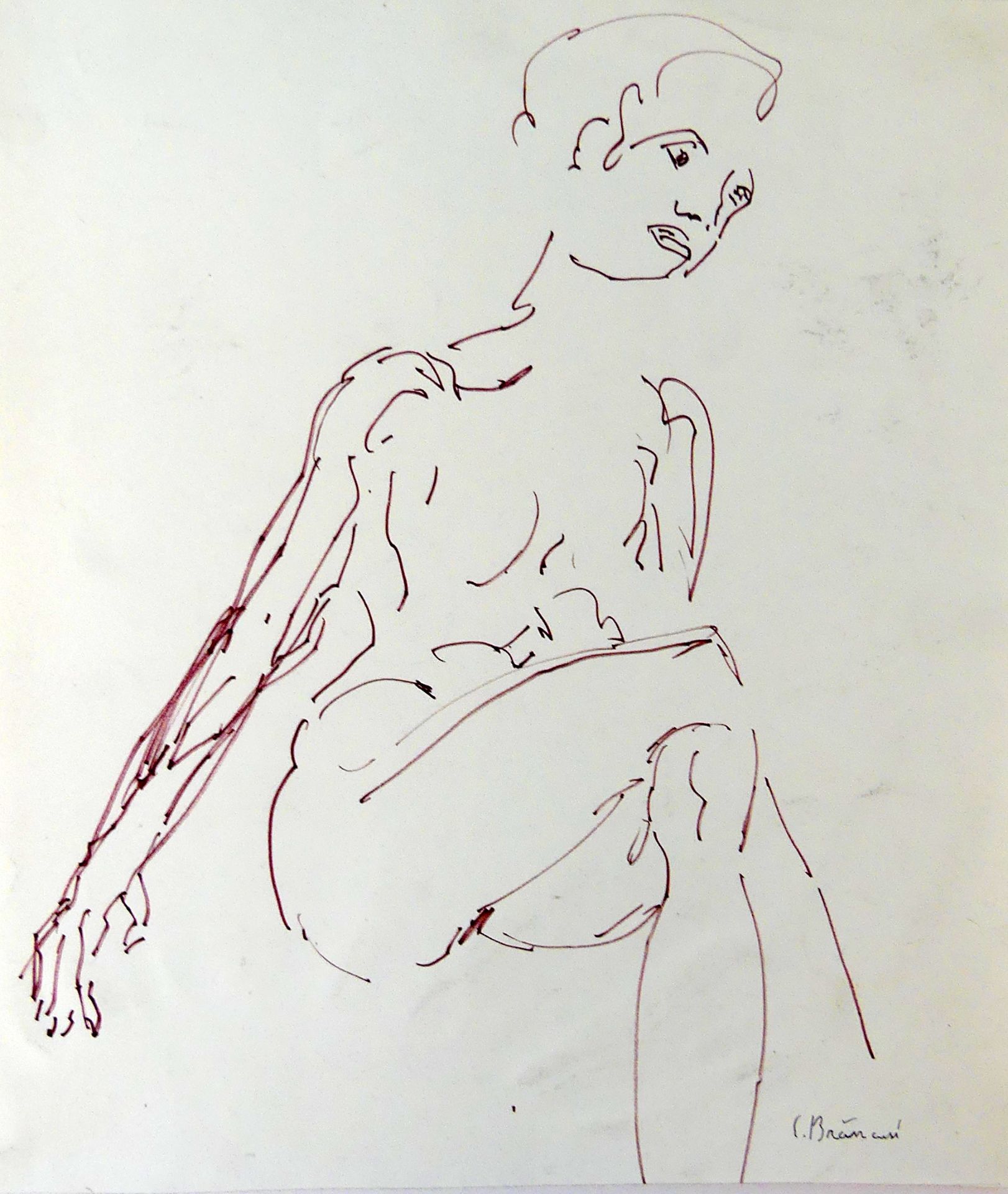 C. BRANUSCI, "Sitzender Damenakt", Filzstift-Zeichnung,