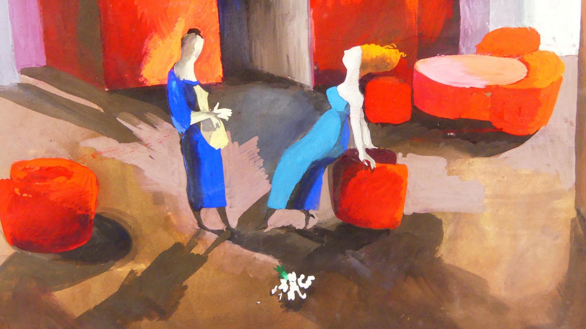 "Damen im Interieur", Gouache, ohne sig, rückseitig kyrillischer Ausfuhrstempel, - Bild 2 aus 4