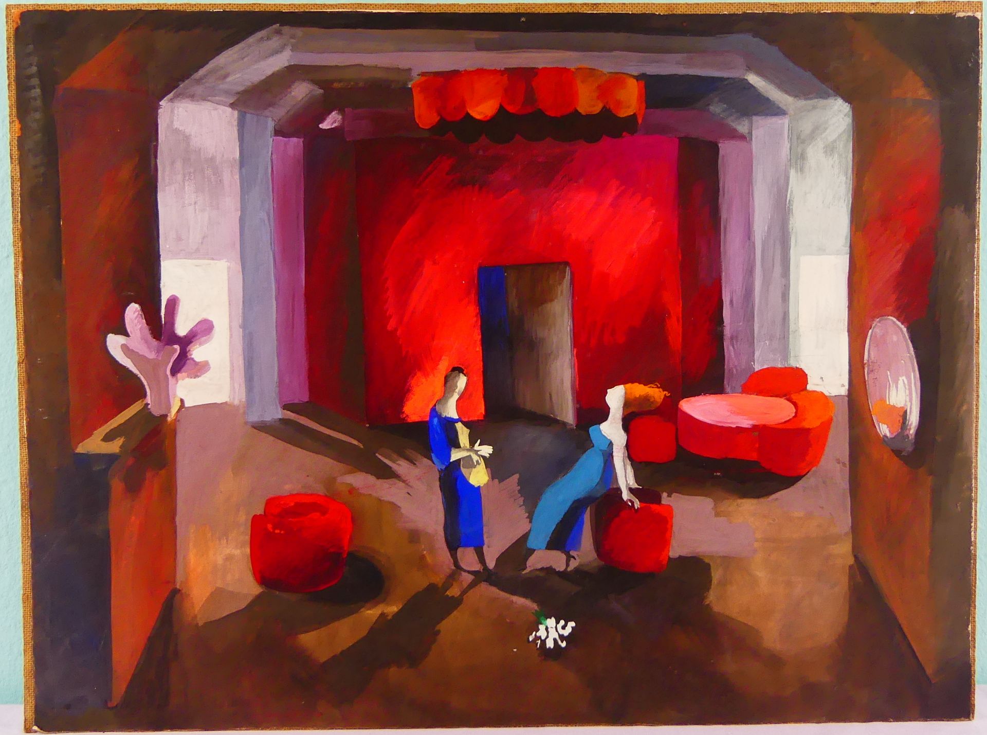 "Damen im Interieur", Gouache, ohne sig, rückseitig kyrillischer Ausfuhrstempel,