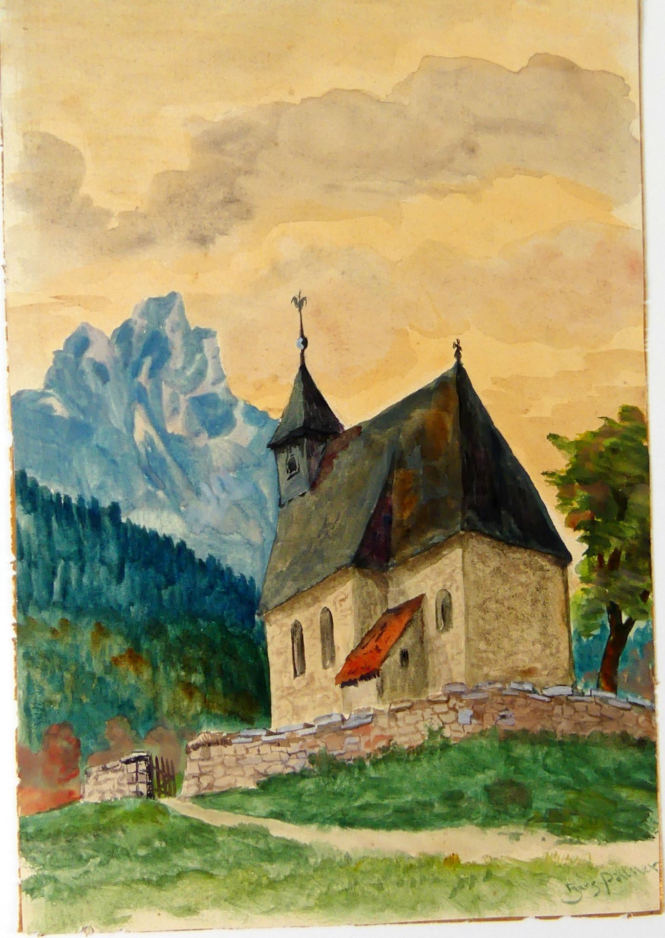 HANS PÖLLNER, "Kapelle in den Bergen", Aquarell, u.re.sig., Blatt 28 x 20 cm