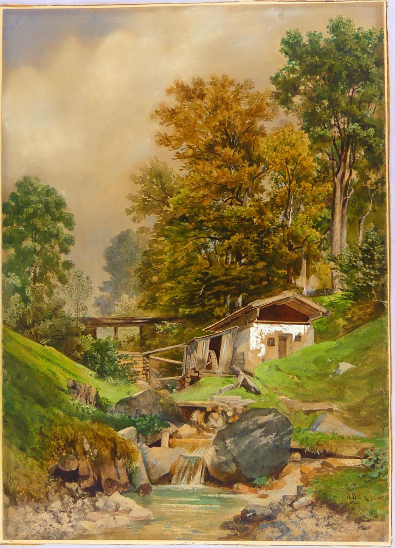 "Wassermühle im Gebirge", Aquarell, unten rechts monogr. A.D., datiert '65,