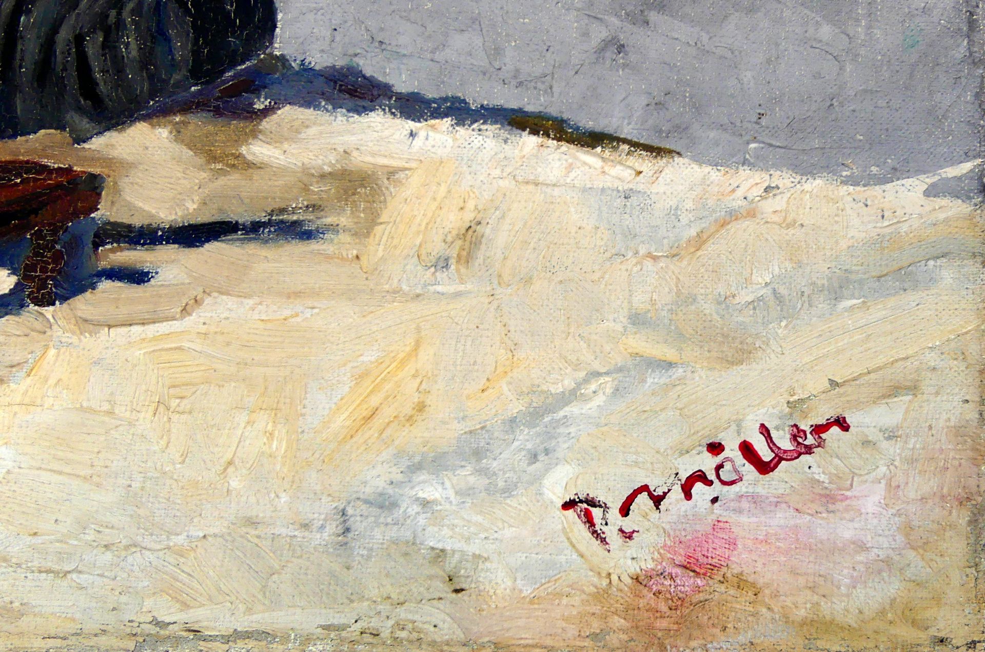 "Bäuerin am Spinnrad vor dem Haus" Öl/L, u.re. sig. Möller, ca. 50 x 40 cm, - Bild 2 aus 3