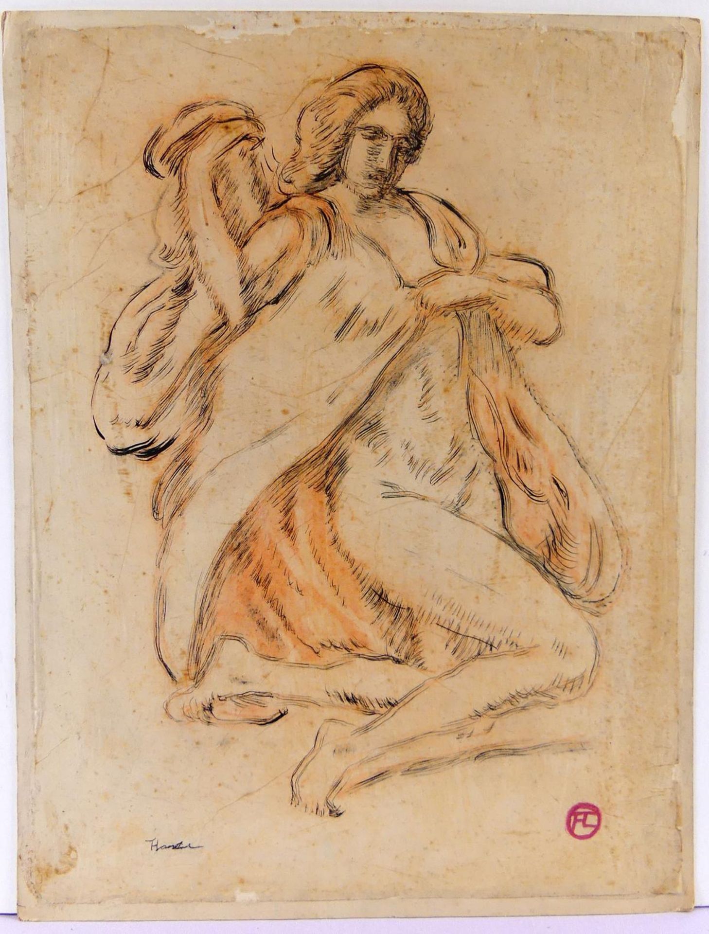 "Damenakt mit Tuch", Tuschezeichnung, u.li.unles.sig., ca. 46 x 35 cm,