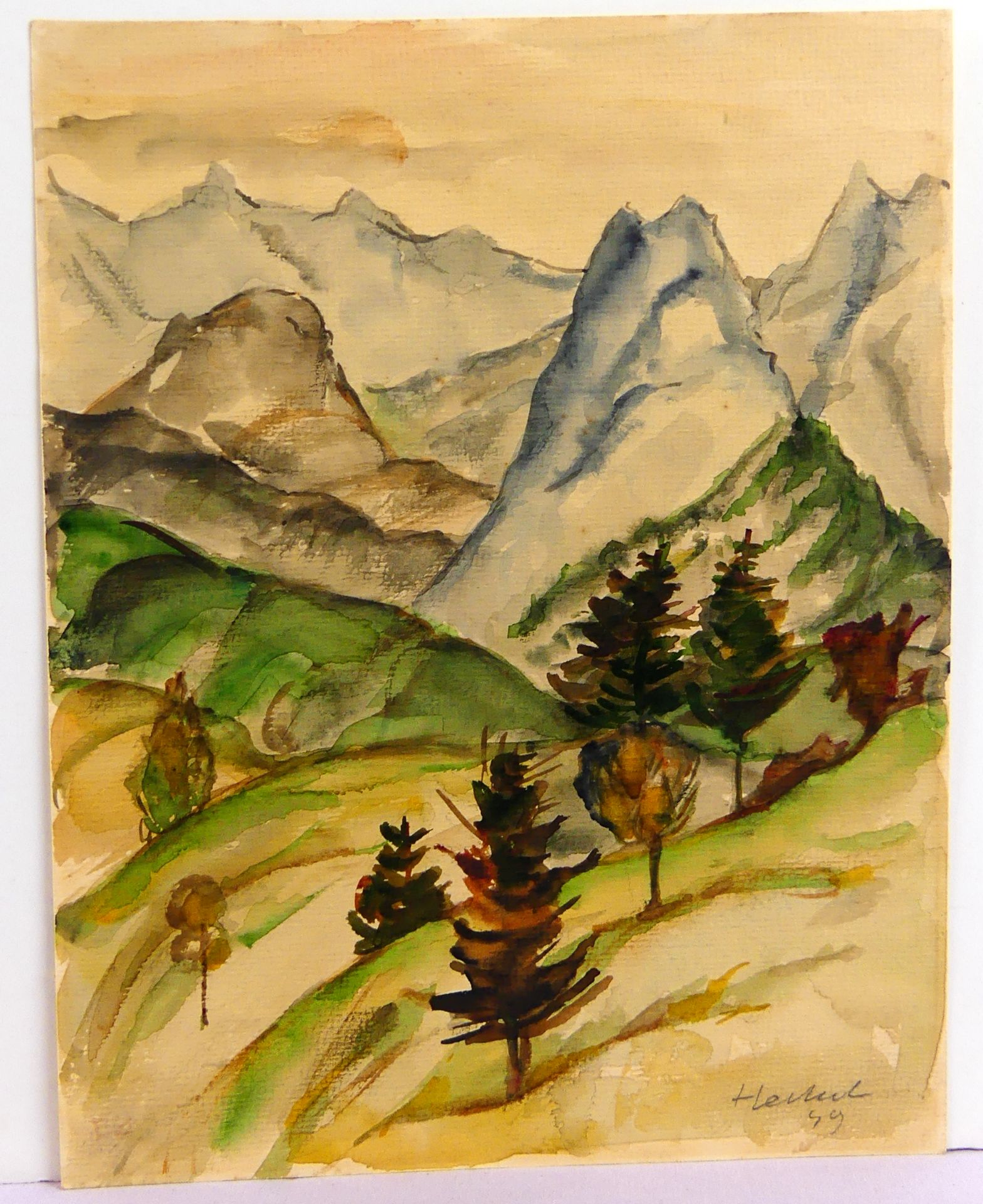 "Berglandschaft", Aquarell, u.re.sig., datiert '49, ca. 27 x 21 cm,