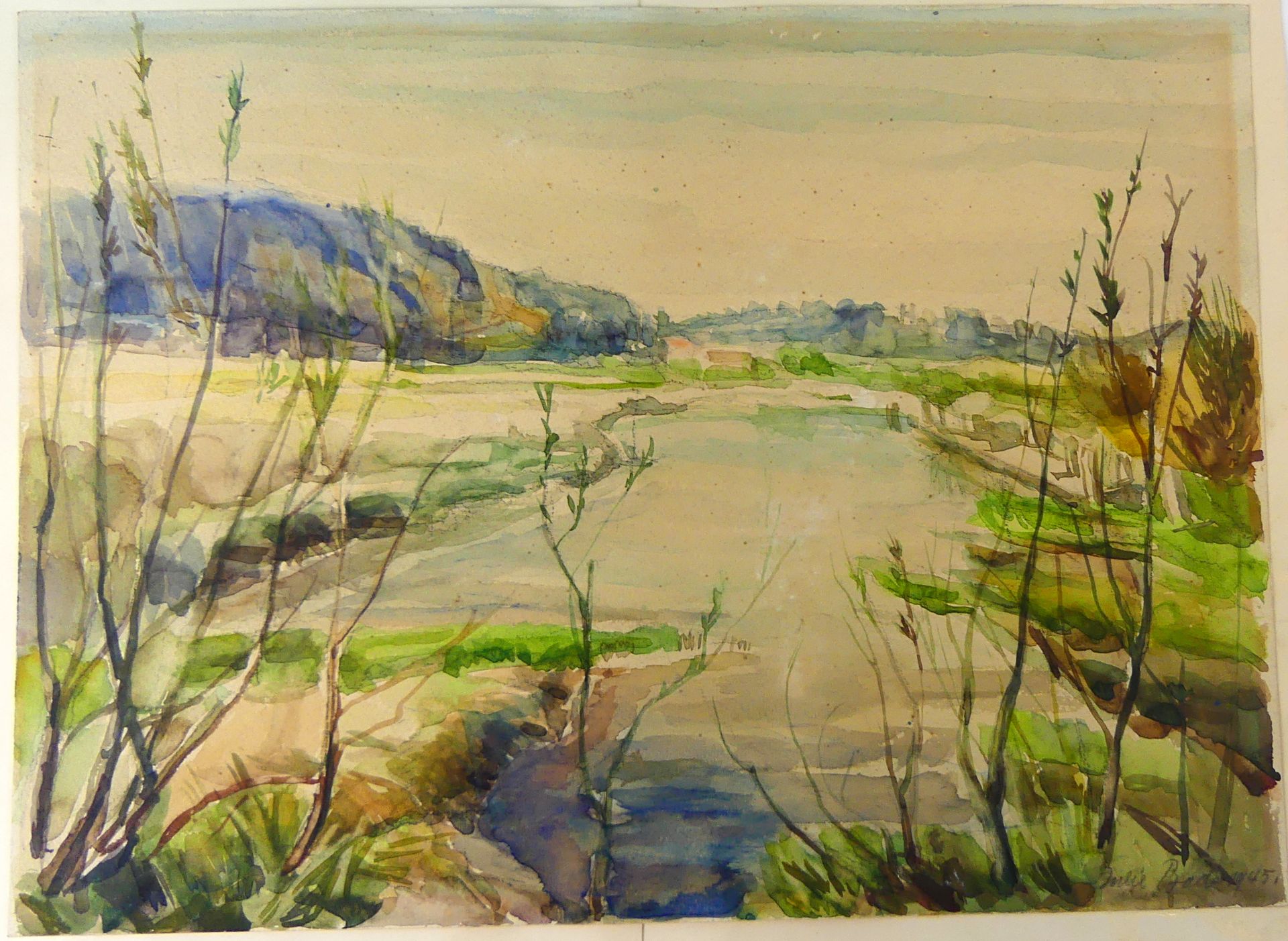 JULIE BADE, "Bachlandschaft" Aquarell, u.re.sig., dat.1945, Blatt ca.37 x 27 cm