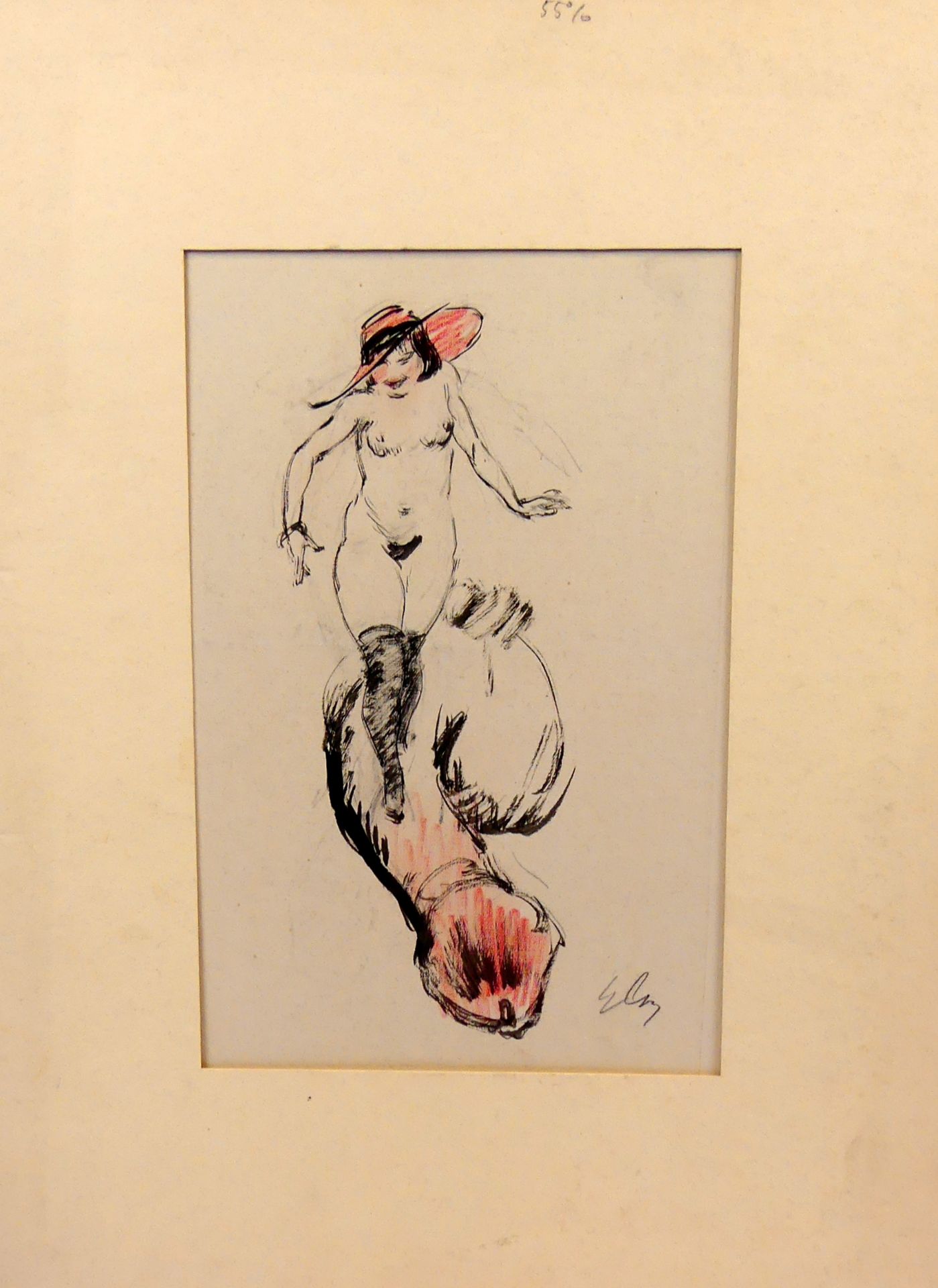 "Damenakt mit Hut auf Phallus", colorierte Zeichnung, u.re.unles.sig.,