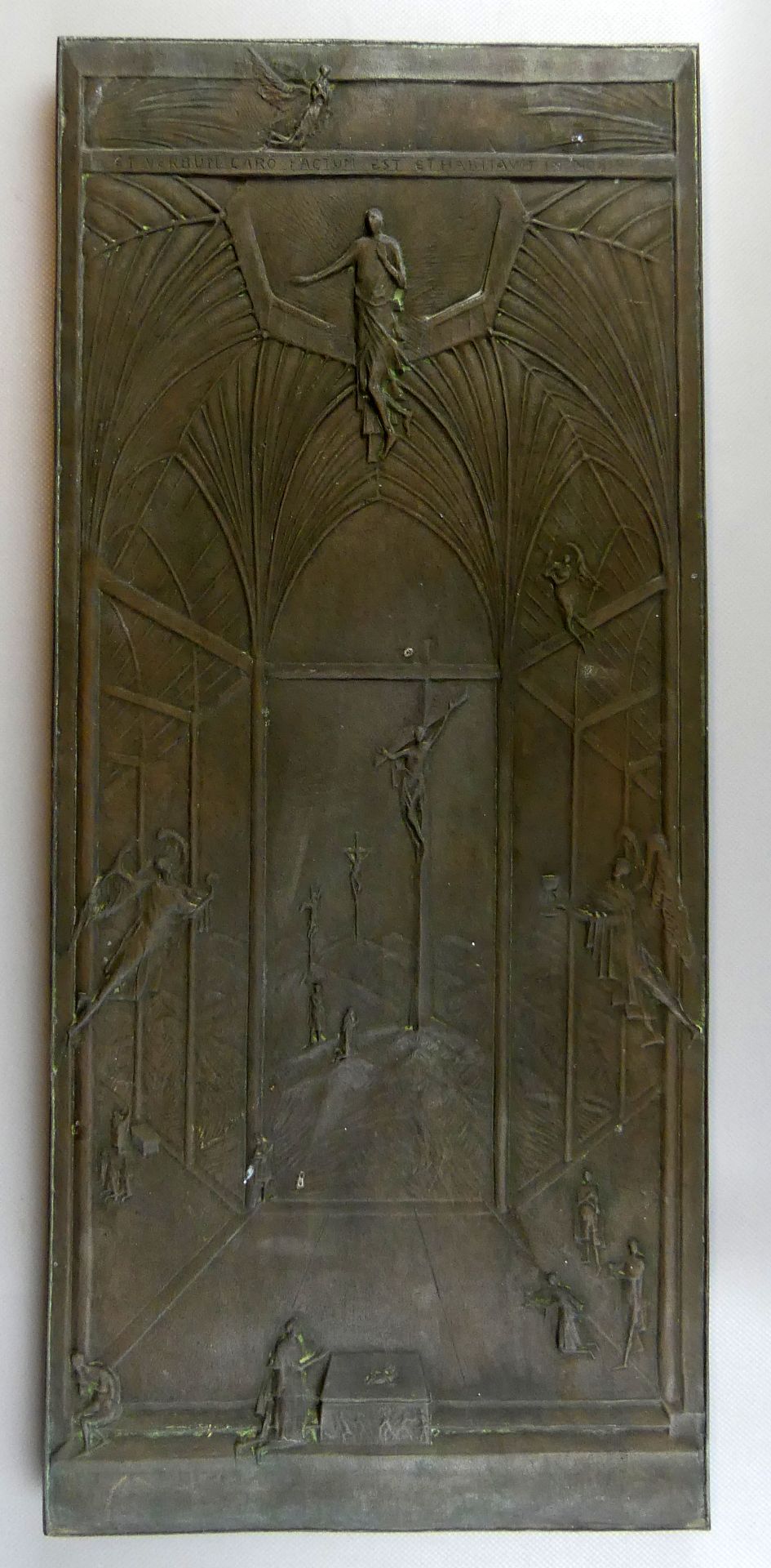 Kaminplatte, Metall, Altarbild, Kreuzigungsszene, ca. 62 x 27,5