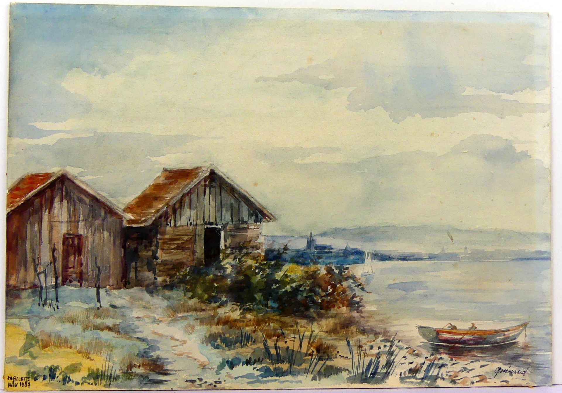 "Hütte am See", Aquarell auf Karton, u.li.betitel La Belotte, dat. 1967,