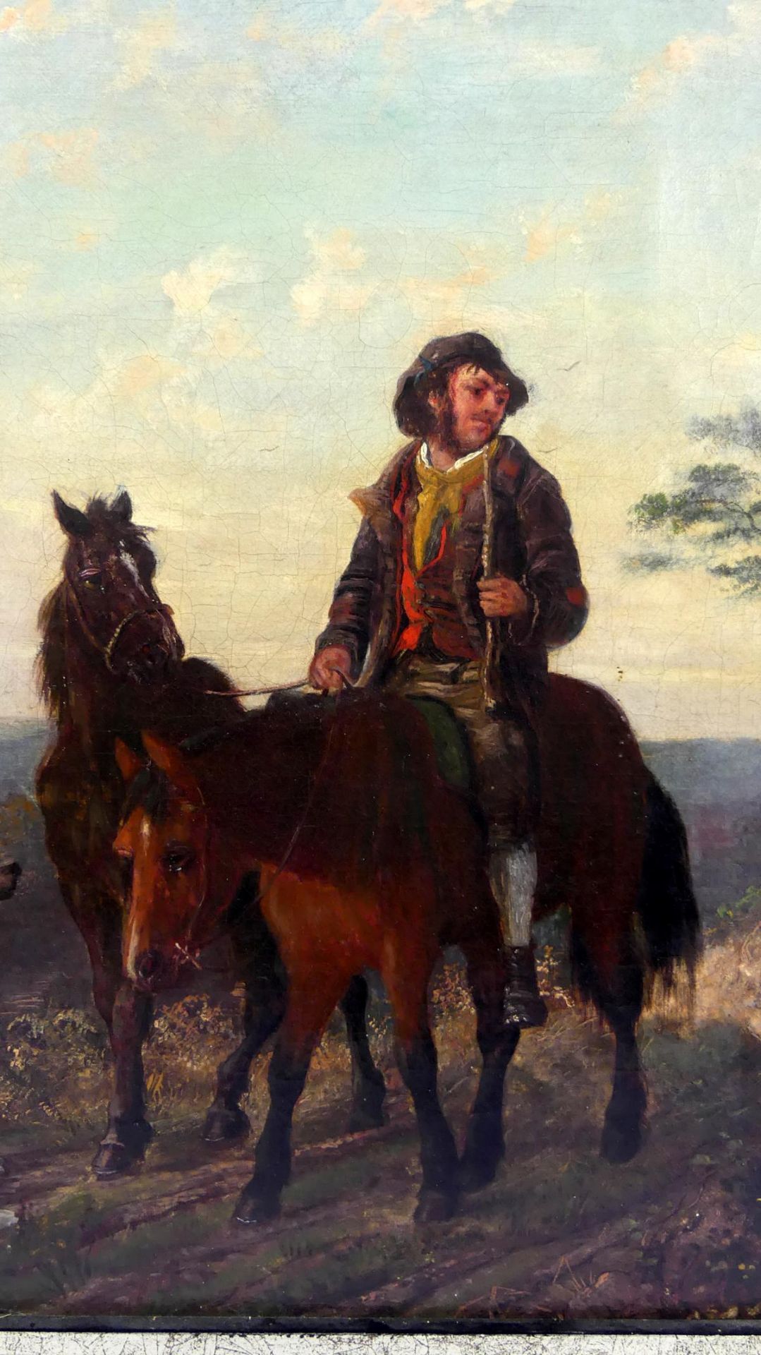 "Reiter mit 2 Pferden und Hund", Öl/L., u.re.unles.sig., im Stil von Mühlig, - Bild 2 aus 4