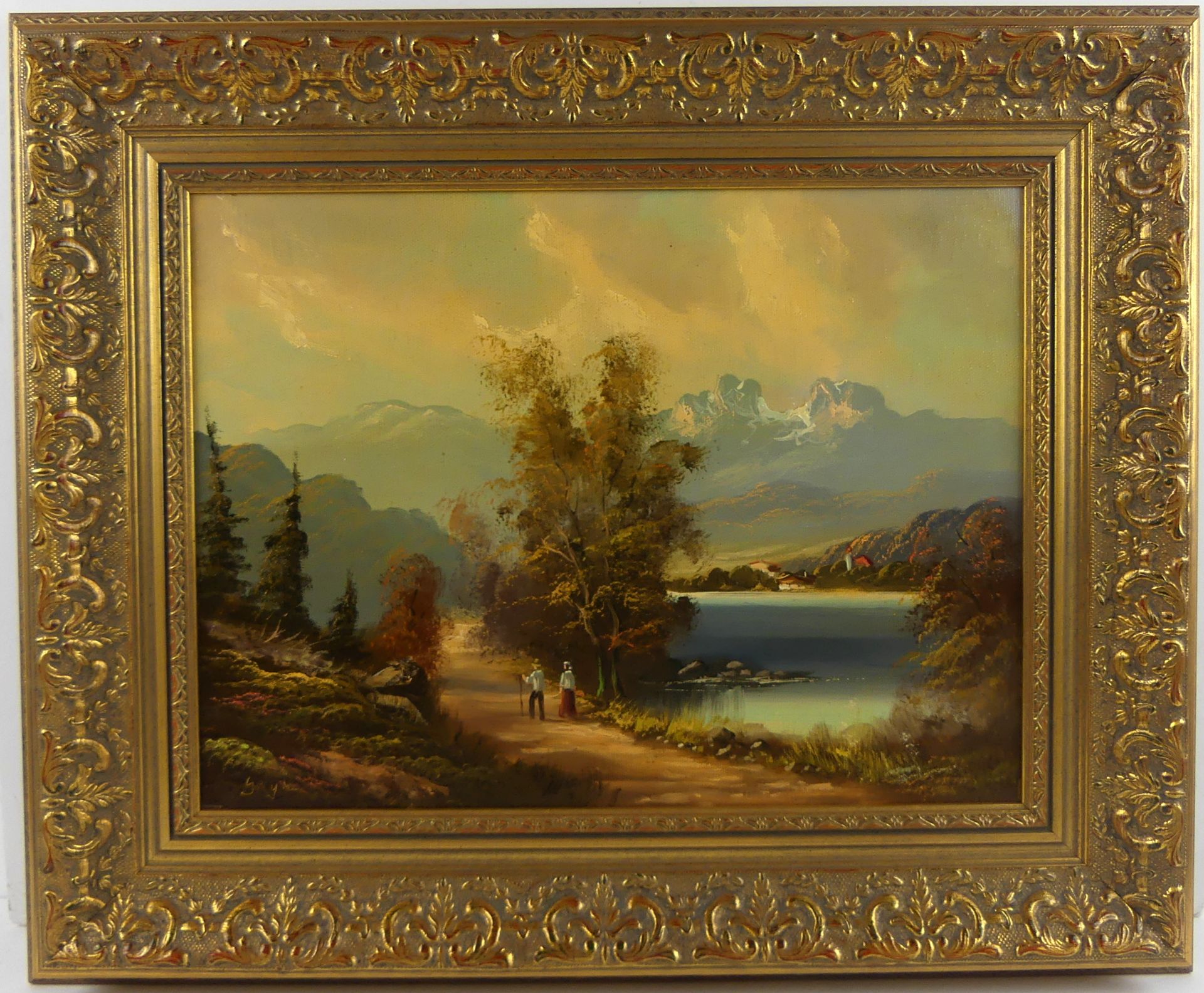 "Wanderer in den Bergen am See", Öl/L, u.li.unles.sig., 29 x 39,