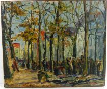 "Wald mit Personen", Öl/L auf Spannplatte, rücks. Bez., dat. 1912,