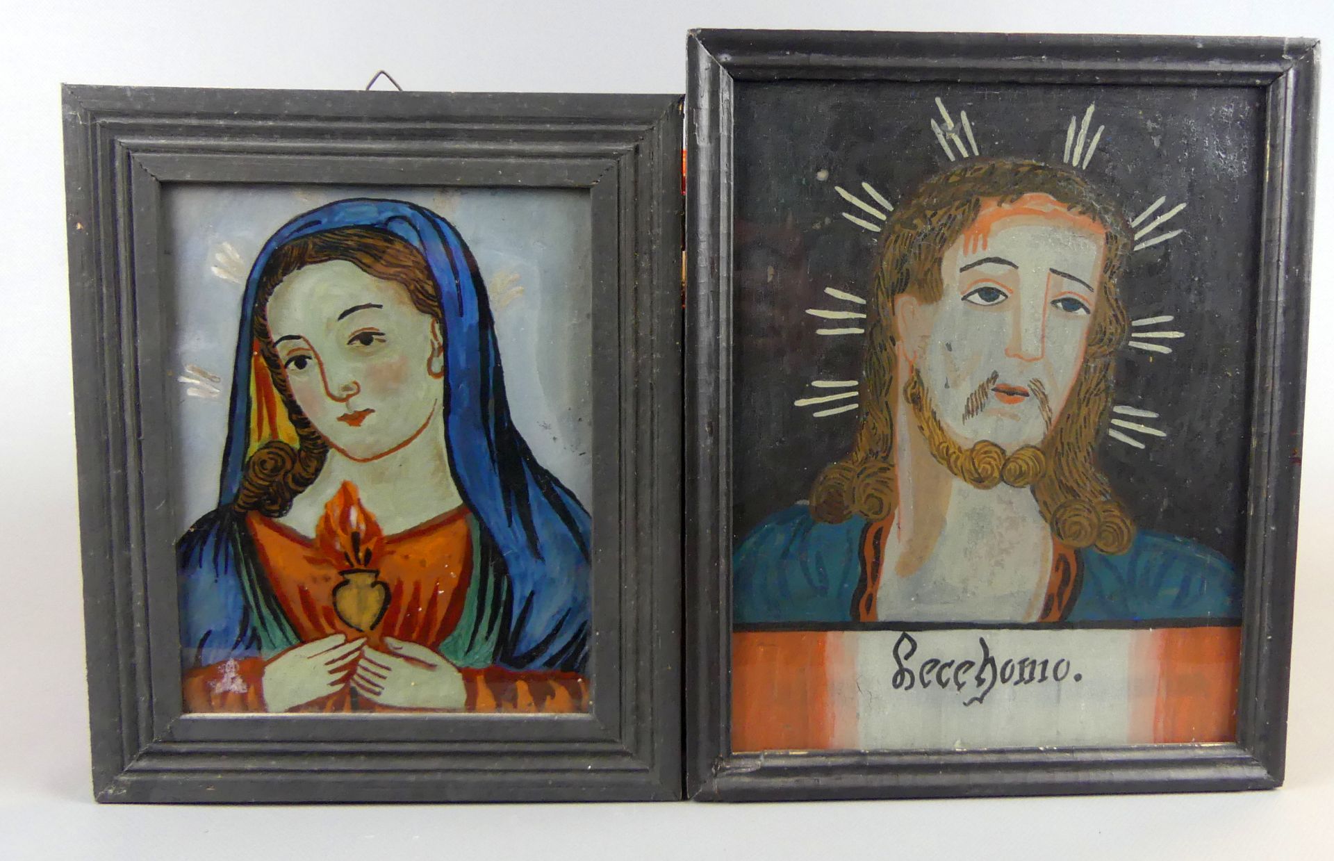 2 Hinterglasmalereien, "Herz Mariae", "Ecce homo", süddeutsch,