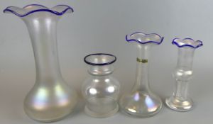 4 Vasen, EISCH, farblos irisierendes Glas mit blauen Mündungsrändern,