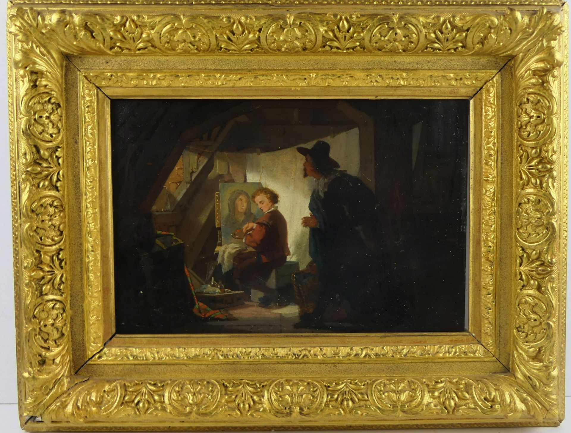 "Flämisches Maleratelier", Öl/Holz, o. Sig., ca. 36,5 x 26,