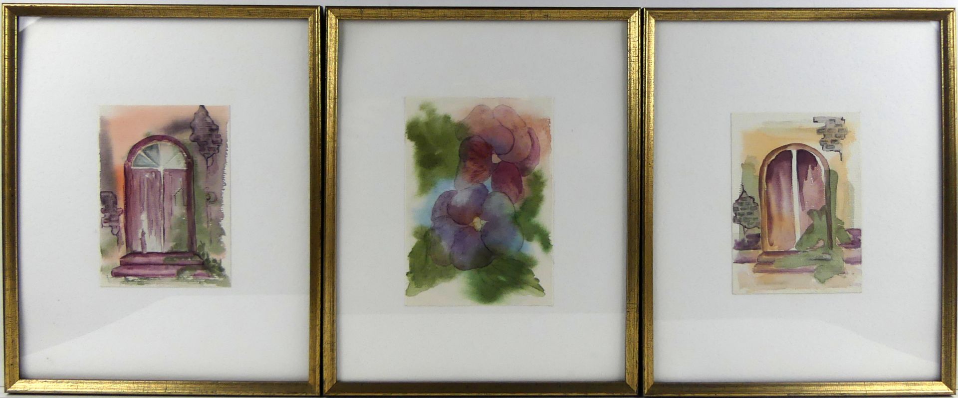 3 Aquarelle/Mischtechnik, verschiedene Motive "Türen, Fenster, Blumen",