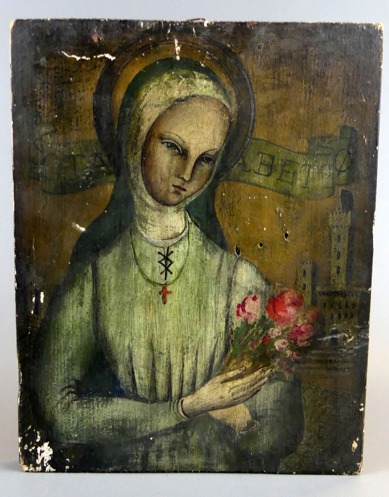Ikone, Holz, "Heilige Elisabeth", Abplatzungen, ca. 27 x 21 cm