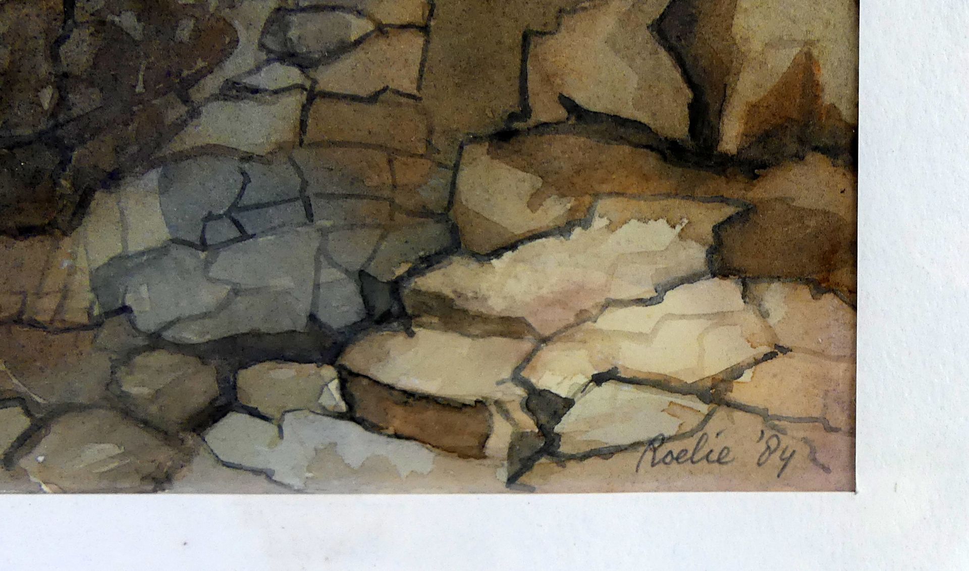 "Landschaft", Aquarell, u.re.sig. Roelie, dat. '84, hinter Glas gerahmt, - Bild 2 aus 2