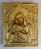 Ikone, "Maria mit Jesuskind", Holz mit Messingeinfassungen,