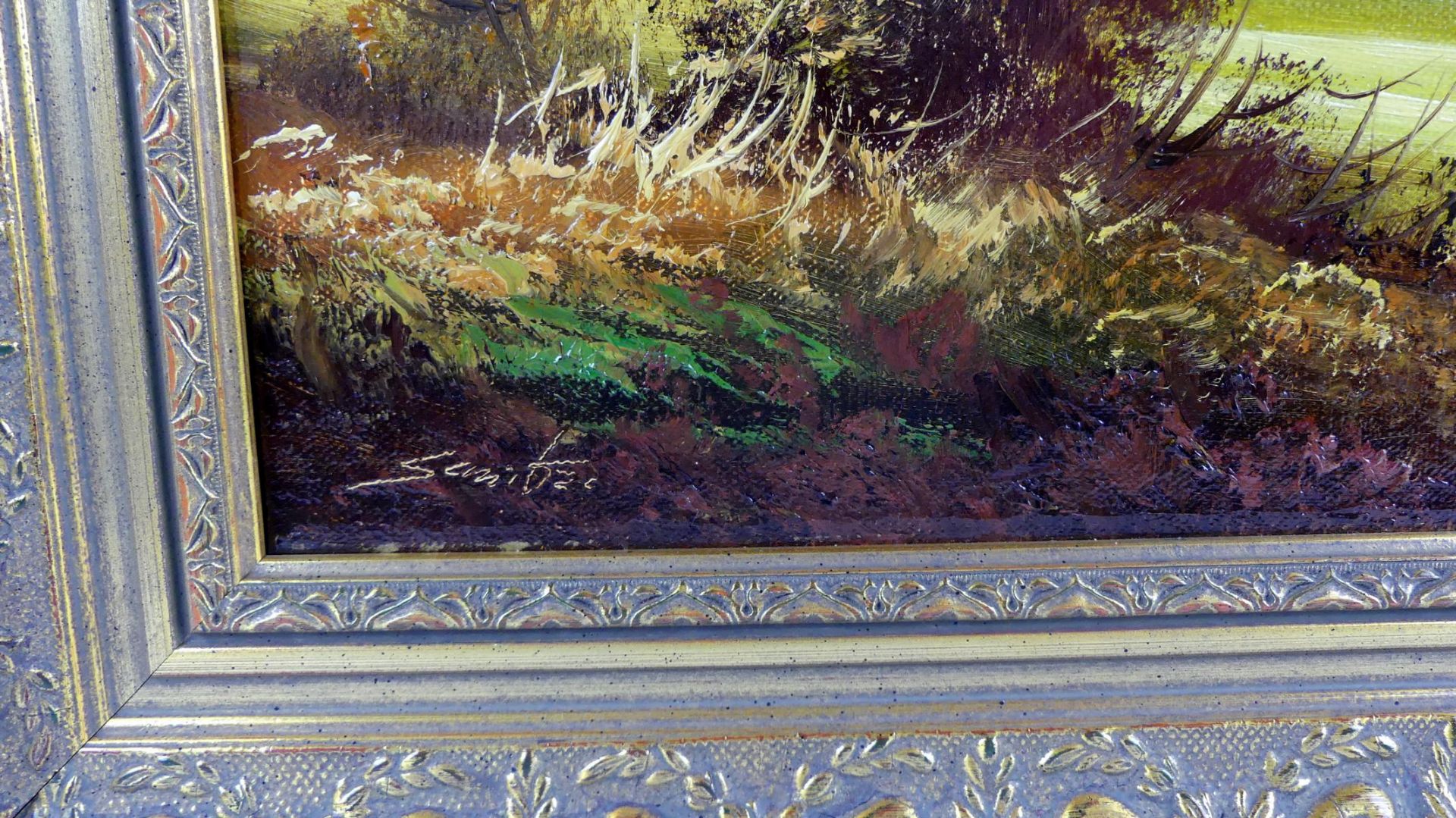 "Landschaft mit Rehen", Öl/L, u.li.unles.sig., ca. 30 x 40, gerahmt 46 x 56 cm - Bild 2 aus 2