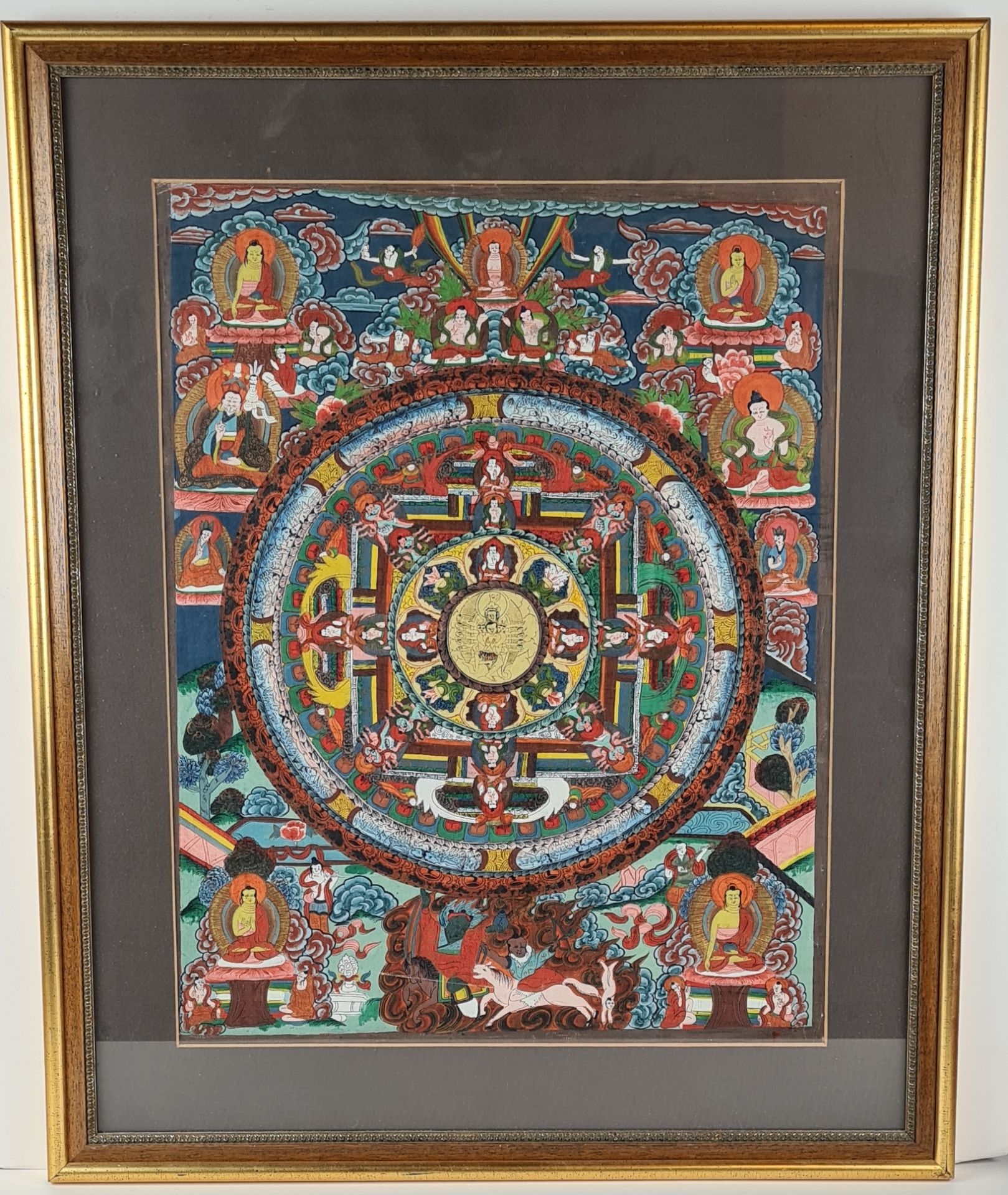 Tibetische Thangka, auf Leinwand, Passepartout, ca. 37 x 48 cm,