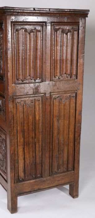 A magnificent and rare Henry VIII joined oak aumbry or livery cupboard, circa 1520, the front - Image 9 of 16