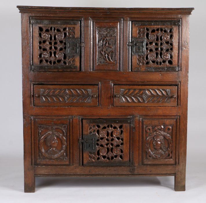 A magnificent and rare Henry VIII joined oak aumbry or livery cupboard, circa 1520, the front - Image 15 of 16