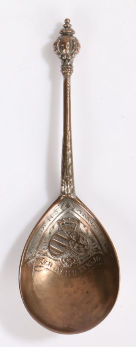 A tinned copper-alloy spoon, German, dated 1647, the large fig-shaped bowl cast with a crowned - Image 2 of 4