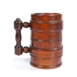 19th Century English lignum vitae treen tankard, circa 1860, the cylindrical tankard with ring