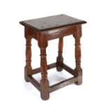 Charles II oak and fruitwood joint stool, circa 1660, the rectangular top above the ovolo moulded