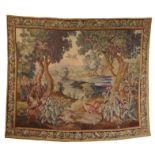 An 18th century tapestry, French, designed with cranes, crows and rabbits in a woodland, a