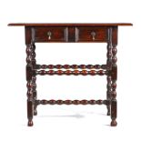 Charles II fruitwood and oak side table, circa 1680, having a triple-boarded top with ovolo-