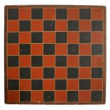 Victorian games board, painted in black and red with a pale gold trim, 38.5cm x 37.5cm