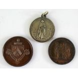 Dulwich College bronze medal, 4cm diameter, Marie A ete Concur Sans Peche medal, 3.5cm diameter,