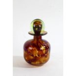 Mdina art glass scent bottle, with bulbous stopper and amber coloured bottle, 16cm tall