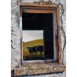 British School, study of two cows through a window, unsigned oil on board, housed in a