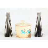 Beswick circus pattern preserve pot and cover, two black and white salt and pepper pots of