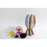Italian pottery multi-coloured vase, 24cm tall, together with three various glass paperweights and a