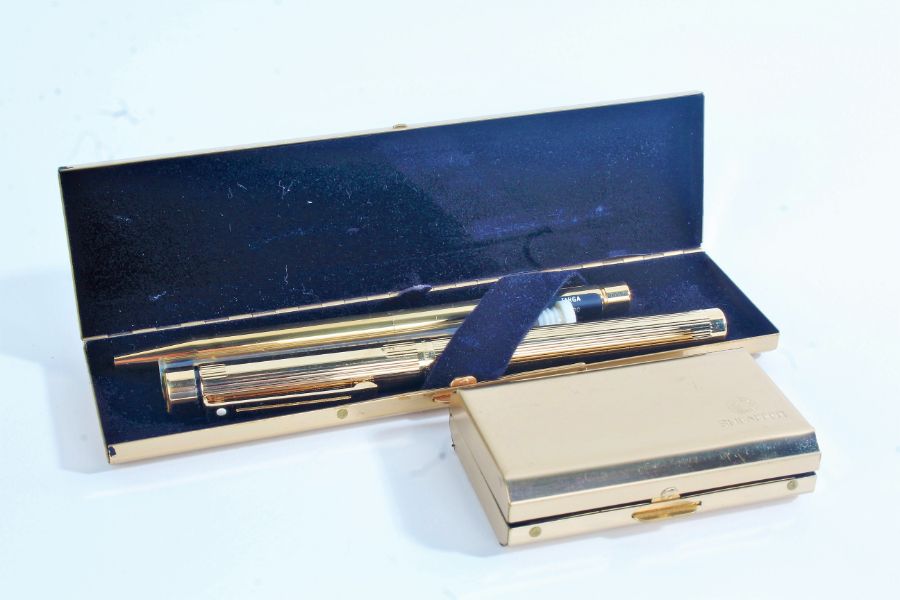 Sheaffer - gold electroplated fountain pen, with 14ct gold nib, an Imperial Brass ballpoint pen, and