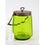 Art Nouveau green glass and silver plate biscuit barrel, with shaped swing handle